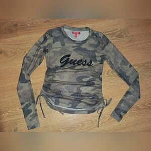 GUESS Y2K SHEER Camouflage Camo Long Sleeve Tee Black Velvet Logo XS